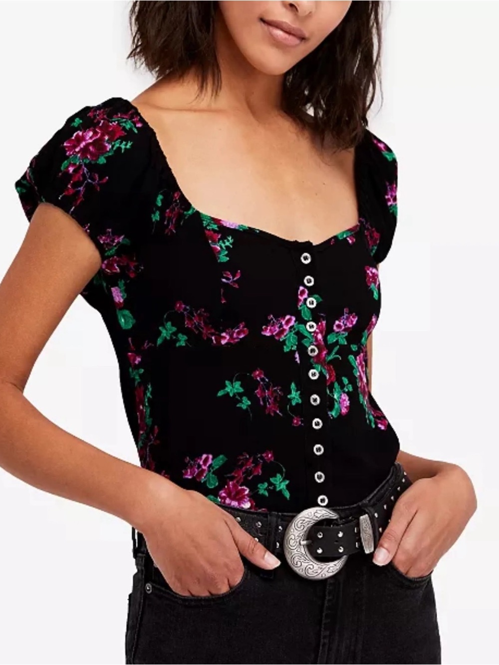 Free people close to you puff sleeve Floral ButtonFront Square Neck Top L
